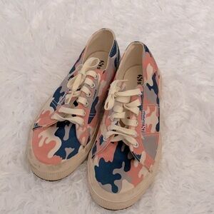 Superga coral and navy camo sneakers